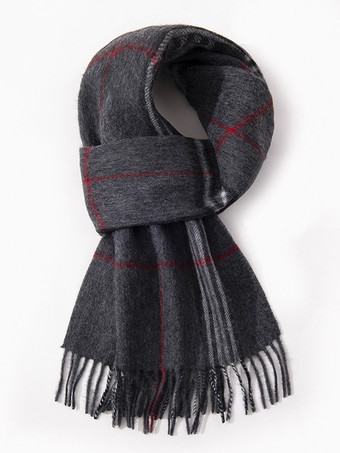 ダークグレー 100%ウール メンズ マフラー クラシック チェック柄 タッセル付き