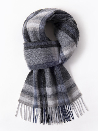 ライトグレー 100%ウール メンズ マフラー クラシック チェック柄 タッセル付き