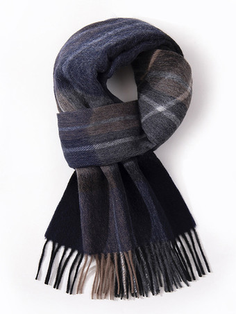 ロイヤルブルー100%ウール メンズ マフラー クラシック チェック柄 タッセル付き