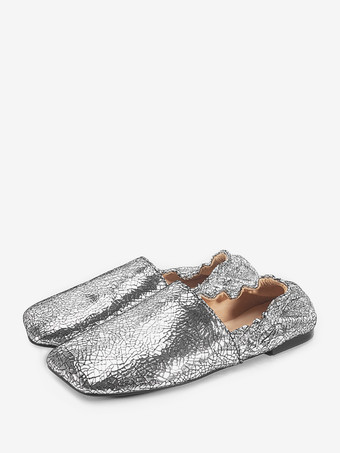 シルバー バーガンディ バレエフラット 本革 スクエアトゥ スリッポン フラットシューズ