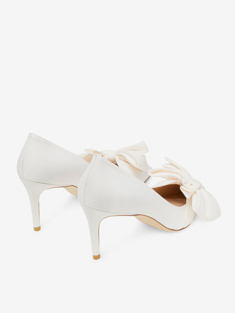 Zapatos de fiesta blancos de satén con punta puntiaguda y lazo zapatos de boda de tacón alto