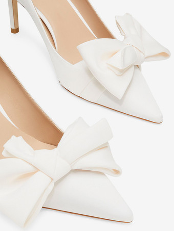 Zapatos de fiesta blancos de satén con punta puntiaguda y lazo zapatos de boda de tacón alto