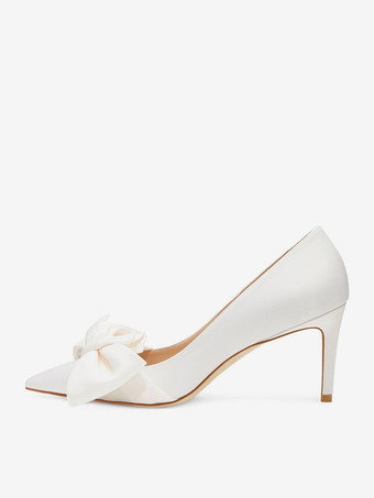 Zapatos de fiesta blancos de satén con punta puntiaguda y lazo zapatos de boda de tacón alto