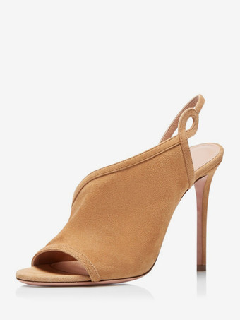 ブラウンハイヒールサンダル スエード オープントゥ スティレットヒール サンダル シューズ