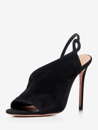 ブラック ハイヒールサンダル スエード オープントゥ スティレットヒール サンダル シューズ