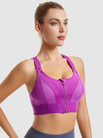 パープル ビスチェ ホワイト ツートン シェイピング フロントジップ スポーツブラ レディース ハイサポート ワイヤレス レーサーバック ヨガブラ