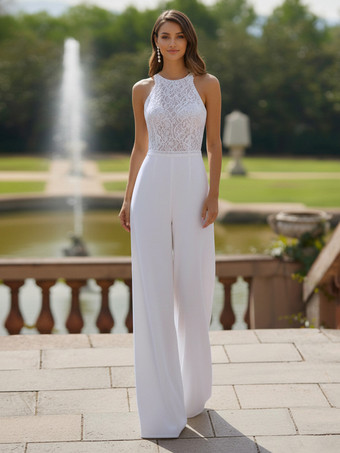 ホワイトブライダルジャンプスーツ レース フロア丈 ジャンプスーツ デザインネックライン ノースリーブ ナチュラルウエスト ホワイト