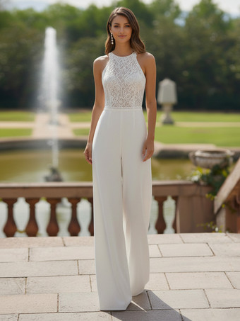 アイボリーブライダルジャンプスーツ レース フロア丈 ジャンプスーツ デザインネックライン ノースリーブ ナチュラルウエスト ホワイト