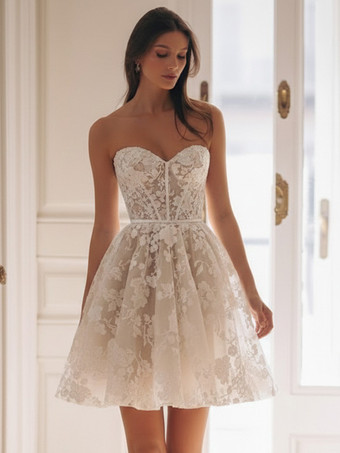 アイボリーショートウェディングドレス ショート スウィートハートネック 7分袖 ショート ナチュラルウエスト チュール ショートブライダルドレス