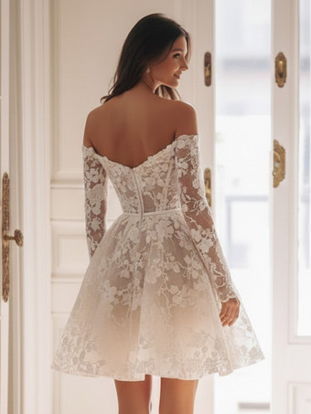 ショートウェディングドレス ショート スウィートハートネック 7分袖 ショート ナチュラルウエスト チュール ショートブライダルドレス