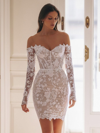 ホワイトショートウェディングドレス スウィートハートネック 7分袖 シース ショートブライダルドレス