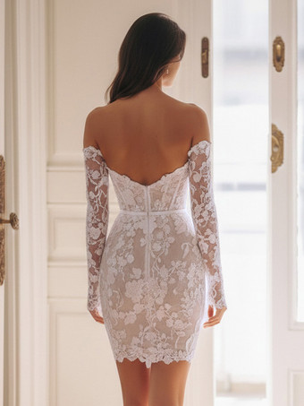 ショートウェディングドレス スウィートハートネック 7分袖 シース ショートブライダルドレス