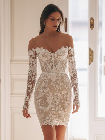 アイボリーショートウェディングドレス スウィートハートネック 7分袖 シース ショートブライダルドレス