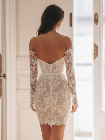 ショートウェディングドレス スウィートハートネック 7分袖 シース ショートブライダルドレス