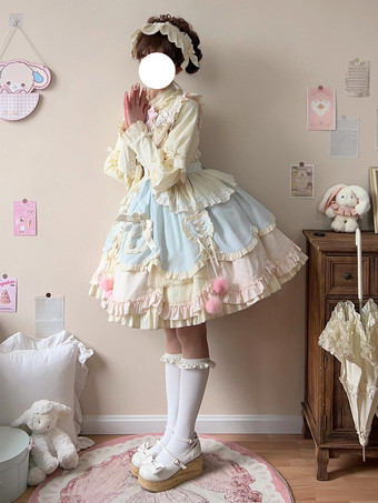 スイートロリータドレス ロングスリーブ フリル リボン ピンク ブルー ロリータドレス