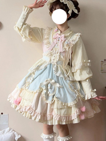 スイートロリータドレス ロングスリーブ フリル リボン ピンク ブルー ロリータドレス