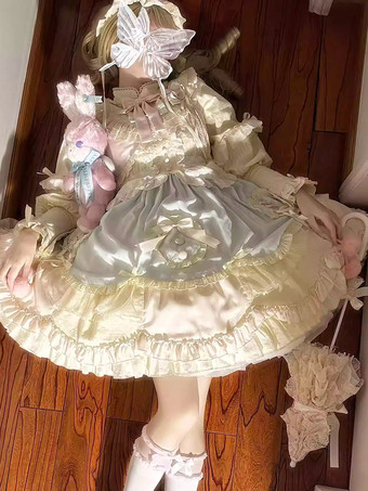 スイートロリータドレス ロングスリーブ フリル リボン ピンク ブルー ロリータドレス