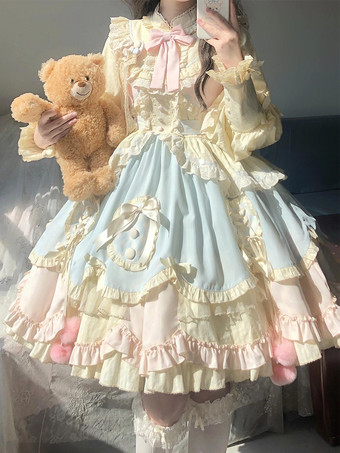 スイートロリータドレス ロングスリーブ フリル リボン ピンク ブルー ロリータドレス