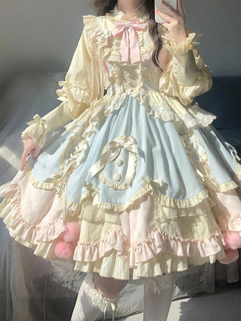 ピンクスイートロリータドレス ロングスリーブ フリル リボン ピンク ブルー ロリータドレス
