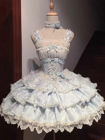 Süßes Lolita JSK-Kleid mit Rüschen und Blumenmuster kurzes hellblaues Lolita-Kleid
