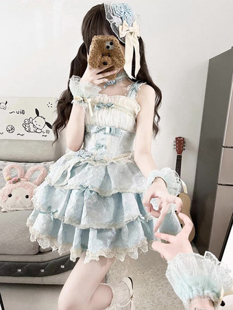 Süßes Lolita JSK-Kleid mit Rüschen und Blumenmuster kurzes hellblaues Lolita-Kleid