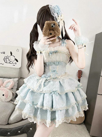 Süßes Lolita JSK-Kleid mit Rüschen und Blumenmuster kurzes hellblaues Lolita-Kleid