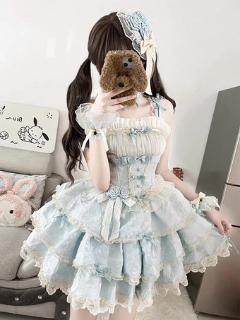 Hellschiefergrau Süßes Lolita JSK-Kleid mit Rüschen und Blumenmuster kurzes hellblaues Lolita-Kleid