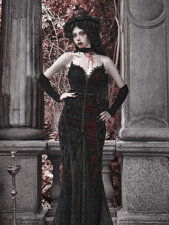 ゴシックロリータドレス レース ブラック ノースリーブ ダークロマンス ベルベット マーメイド ハートプリント 繊細なグリッタードレス