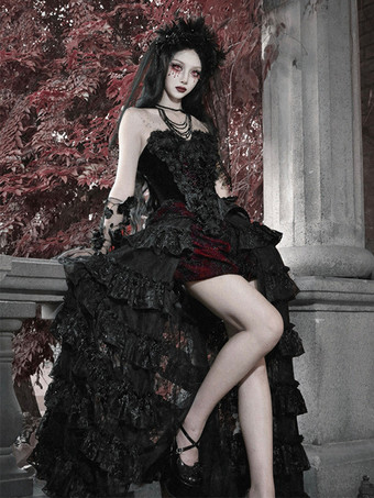 黒と赤のゴシックロリータSKティアードハイウエストスカートドラマティックトレインロリータスカート