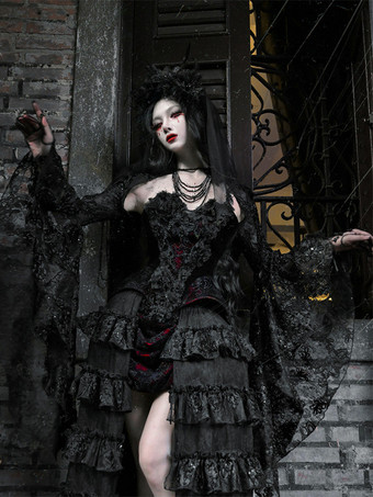 黒と赤のゴシックロリータSKティアードハイウエストスカートドラマティックトレインロリータスカート