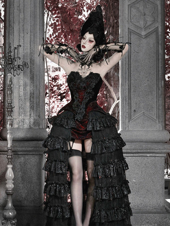 黒と赤のゴシックロリータSKティアードハイウエストスカートドラマティックトレインロリータスカート