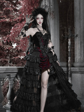 ブラック 黒と赤のゴシックロリータSKティアードハイウエストスカートドラマティックトレインロリータスカート