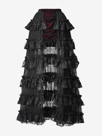 黒と赤のゴシックロリータSKティアードハイウエストスカートドラマティックトレインロリータスカート