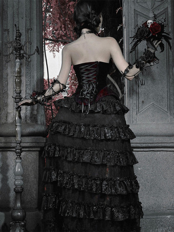 黒と赤のゴシックロリータSKティアードハイウエストスカートドラマティックトレインロリータスカート