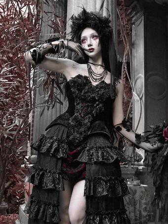 黒と赤のゴシックロリータSKティアードハイウエストスカートドラマティックトレインロリータスカート