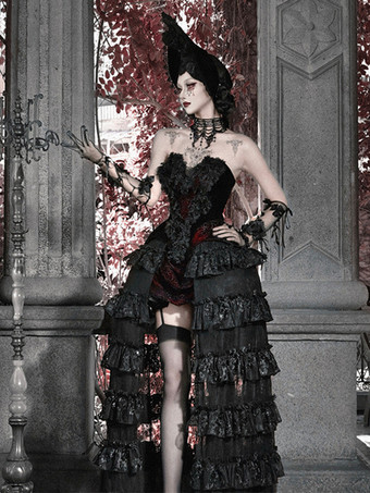 黒と赤のゴシックロリータSKティアードハイウエストスカートドラマティックトレインロリータスカート