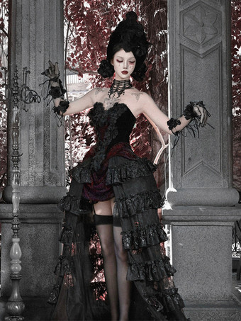黒と赤のゴシックロリータSKティアードハイウエストスカートドラマティックトレインロリータスカート