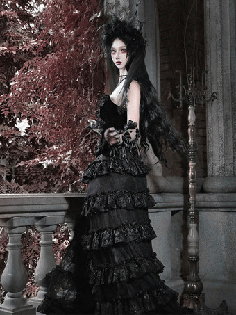 黒と赤のゴシックロリータSKティアードハイウエストスカートドラマティックトレインロリータスカート