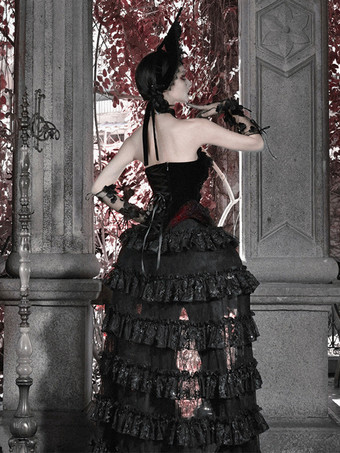 黒と赤のゴシックロリータSKティアードハイウエストスカートドラマティックトレインロリータスカート