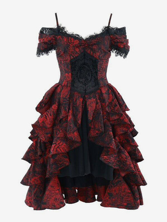 ゴシックロリータドレス レースフリル レッド ボリュームのある半袖 ジャカード オフショルダー バロック ビスチェドレス