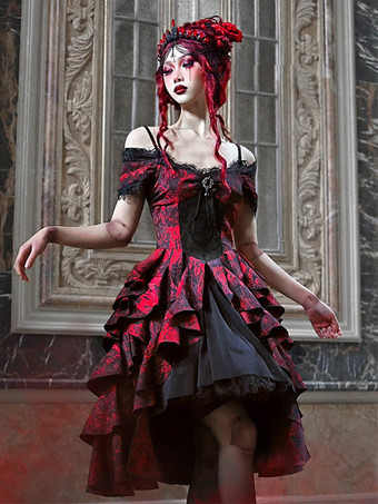 ゴシックロリータドレス レースフリル レッド ボリュームのある半袖 ジャカード オフショルダー バロック ビスチェドレス