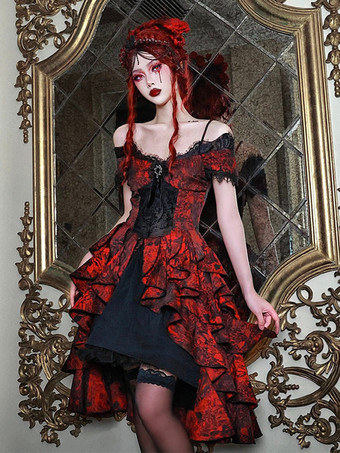 ゴシックロリータドレス レースフリル レッド ボリュームのある半袖 ジャカード オフショルダー バロック ビスチェドレス