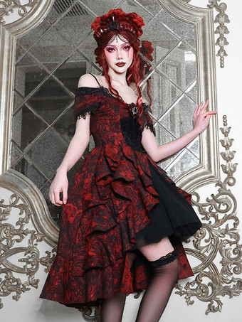 ゴシックロリータドレス レースフリル レッド ボリュームのある半袖 ジャカード オフショルダー バロック ビスチェドレス