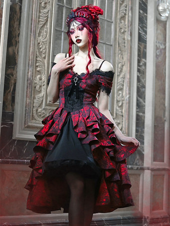 ゴシックロリータドレス レースフリル レッド ボリュームのある半袖 ジャカード オフショルダー バロック ビスチェドレス