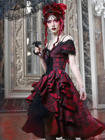 ゴシックロリータドレス レースフリル レッド ボリュームのある半袖 ジャカード オフショルダー バロック ビスチェドレス