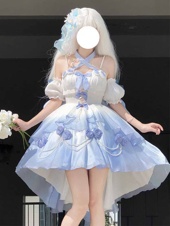 ライトスカイブルースイートロリータJSKドレス、花柄リボン、ホルターネック、裾フロントカットアウトトレインドレス