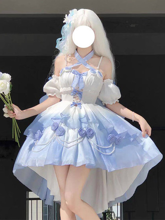 スイートロリータJSKドレス、花柄リボン、ホルターネック、裾フロントカットアウトトレインドレス