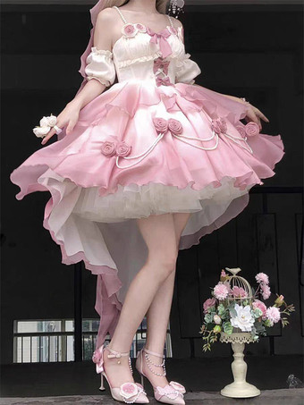 スイートロリータJSKドレス、花柄リボン、ホルターネック、裾フロントカットアウトトレインドレス