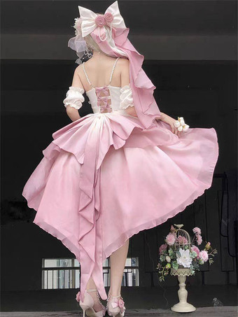 スイートロリータJSKドレス、花柄リボン、ホルターネック、裾フロントカットアウトトレインドレス