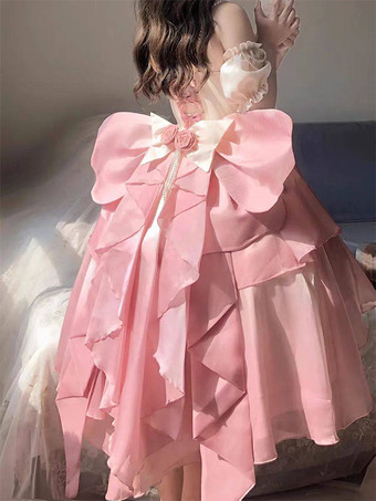 スイートロリータJSKドレス、花柄リボン、ホルターネック、裾フロントカットアウトトレインドレス